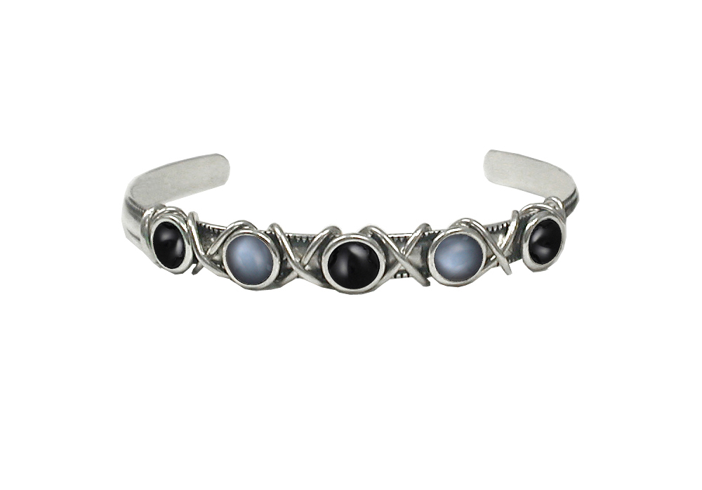 Sterling Silver Cuff Bracelet With Black Onyx And Grey Moonstone